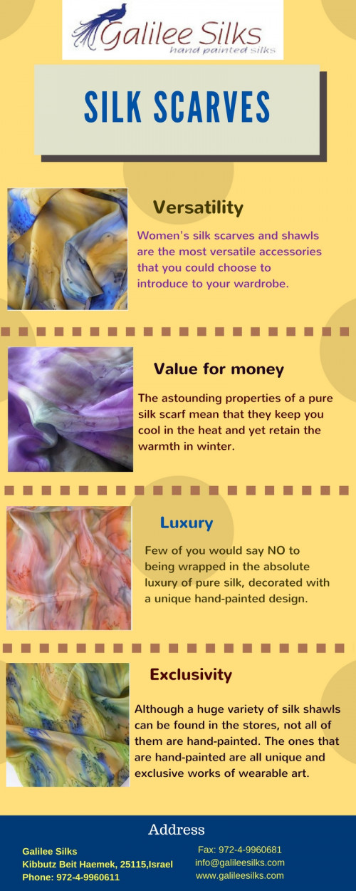 Among many women's accessories in the market, investing on hand-painted silk scarves can represent tremendous value for money! For more details, visit our website: https://galilee-silks.jimdo.com/2017/11/06/10-reasons-to-add-hand-painted-silk-scarves-to-your-wardrobe/