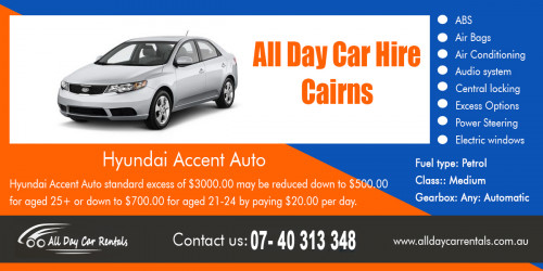 Our website : http://alldaycarrentals.com.au/  
The cost varies according to pick-up, location, date and availability. Demand, as always, increases over summer and the high season so it is highly recommended that you book your car well in advance. To ensure a pleasant holiday, you can avail attractive prices provided on prior booking. So book all day private car hire Cairns and avoid later disappointments.  
More Links : http://carhirecairns.wikidot.com/  
http://hirecarcairns.beep.com/  
http://hirecarcairns.page.tl/  
http://cairnscarrental.edublogs.org/