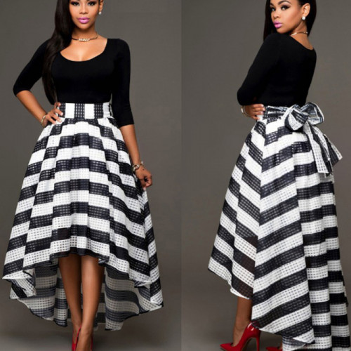 Black-Color-Women-Summer-Two-Pieces-Long-Sleeves-Shirt-with-Striped-Skirt-WC-34.jpg