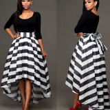 Black-Color-Women-Summer-Two-Pieces-Long-Sleeves-Shirt-with-Striped-Skirt-WC-34