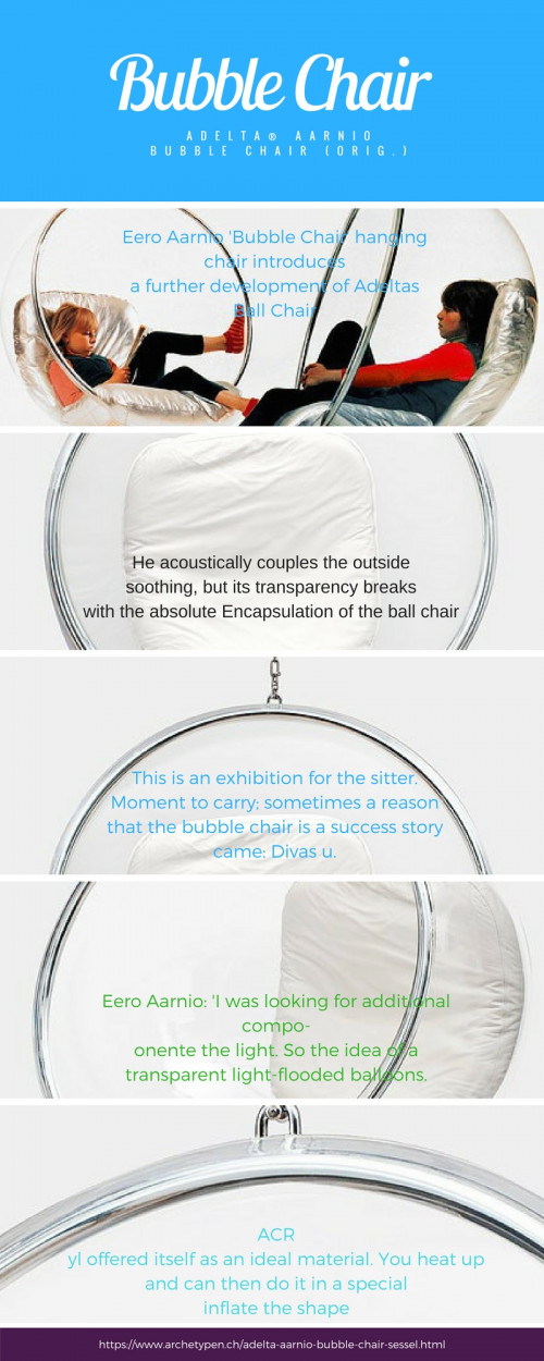 The contemporary-styled hanging Eero Aarnio’s Bubble Chair is great for indoor as well as outdoor use. Your experience of space will never be the same as you let brilliant reality shine in all directions. The highly durable bubble chairs from archetypen can spruce up any home’s interior with its aesthetic appeal. But do you know that even bubble chairs have different styles? Check out their history and find out which type fits your home by visiting us.

https://www.archetypen.ch/adelta-aarnio-bubble-chair-sessel.html