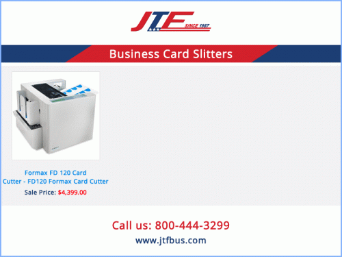 The new and branded Business Card Slitters is now selling at JTF business Systems at a very reasonable price. These slitters have high quality hardened steel that efficiently cut through a no. of sheets. Say hello: - 800-444-3299
Purchase online: - https://www.jtfbus.com/category/463/Paper-Handling/Business-Card-Slitters