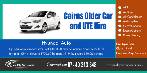 Cairns older car and ute hire with reliable and affordable services at http://alldaycarrentals.com.au/  

Also Visit : 

http://alldaycarrentals.com.au/budget-car-rental-cairns/  
http://alldaycarrentals.com.au/rent-a-ute/  

Find us : https://goo.gl/maps/sBBn558hQZE2  

Cairns older car and ute hire is the starting point for superb holidays where a range of exciting tourist spots, restaurants and beaches are waiting for you. The flexibility of hiring affordable car hire in cairns will surely add a lot of value to your experience.  

Our Services : 

Cheap Car Hire Cairns
Budget Car Hire Cairns
SUV Rental Cairns
Hire A UTE
UTE Hire Cairns
Hire Car Cairns 
Jeep Car Hire Cairns
8 Seater Car Hire Cairns

Social Links : 

https://twitter.com/hirecarcairns 
https://in.pinterest.com/saraincairns/ 
https://www.instagram.com/saraincairns/ 
https://plus.google.com/110138089316599555676 
https://www.youtube.com/channel/UCBh3Pb4TG6lSQ2fWtltQHmA