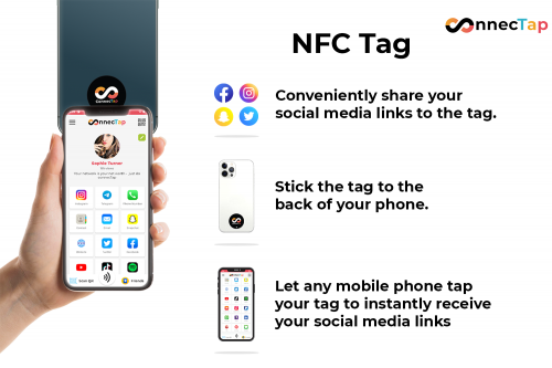 ConnecTap is a small NFC smart tag that user can stick at the back of your phone and share social media links, URLs and contact details in just a Tap. To use ConnecTap, you’ll need to use our app that allows you to link all your links and contact details you want to share and app is also needed to activate tag. The tag can easily stick to the back of your phone. When the tag is activated, others just need to tap their phones to the tag. https://www.amazon.in/dp/B09JKRV8J6