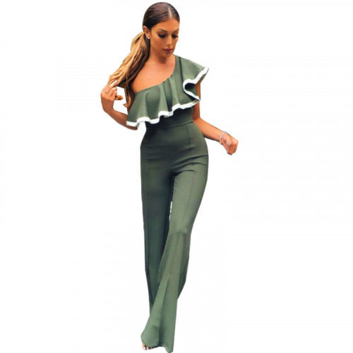 European Style Ladies Summer Green One Shoulder Ruffle Jumpsuit WC-133GN
