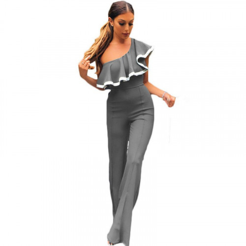 European Style Ladies Summer Grey One Shoulder Ruffle Jumpsuit WC 133GY