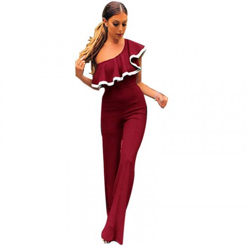 European Style Ladies Summer Red One Shoulder Ruffle Jumpsuit WC-133RD