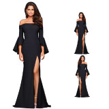 European-Style-Sexy-Word-Collar-Split-Women-Black-Evening-Party-Dress-WC-126BK