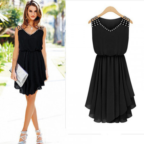 European Style Summer Slim Elegant Diamond Strap Irregular Chiffon Dress WC-131BK