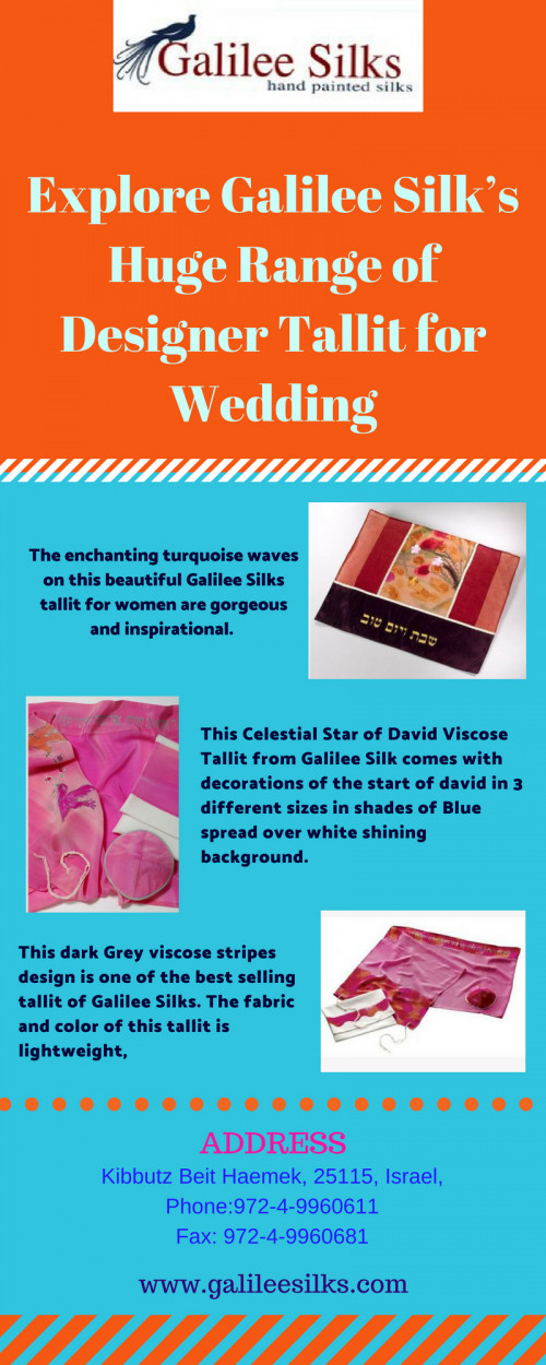 Are you searching for designer wedding Tallit? Galilee Silks is the home to hundreds of handmade, vintage, and one-of-a-kind handmade silk products related to your search. For more details, visit this link: http://www.123articleonline.com/articles/1057617/explore-galilee-silks-huge-range-of-designer-tallit-for-wedding
