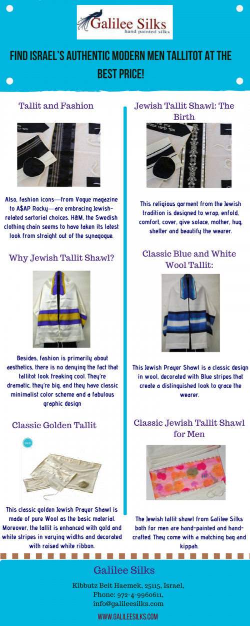 Jewish tallit or the Jewish prayer shawl, bestows a spiritual sense while performing prayers. Performing prayers. Enrich your exciting moments like Chupa or Bar Mitzvah by finding unique modern men tallit at Galilee Silks. For more details, visit this link: https://galileesilkstallit.weebly.com/blog/find-israels-authentic-modern-men-tallitot-at-the-best-price