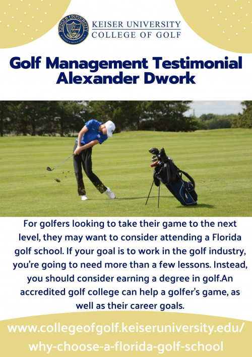 Alexander Dwork is a student in the golf management program here at Keiser University College of Golf. He gives his testimonial on why he chose the Keiser University College of Golf and what he likes about it. "I'm actually in a class with Mr. Wixson right now, and I love it. And one of my favorite moments here at Keiser we play Hickory and Persimmon golf. During our history of golf class and I went to make four solo birdies and the final birdie on the 18th hole"
Keiser University College of Golf
2600 N. Military Trail
West Palm Beach FL 33409
888.355.4465 / 561.478.5500
https://collegeofgolf.keiseruniversity.edu/why-choose-a-florida-golf-school/