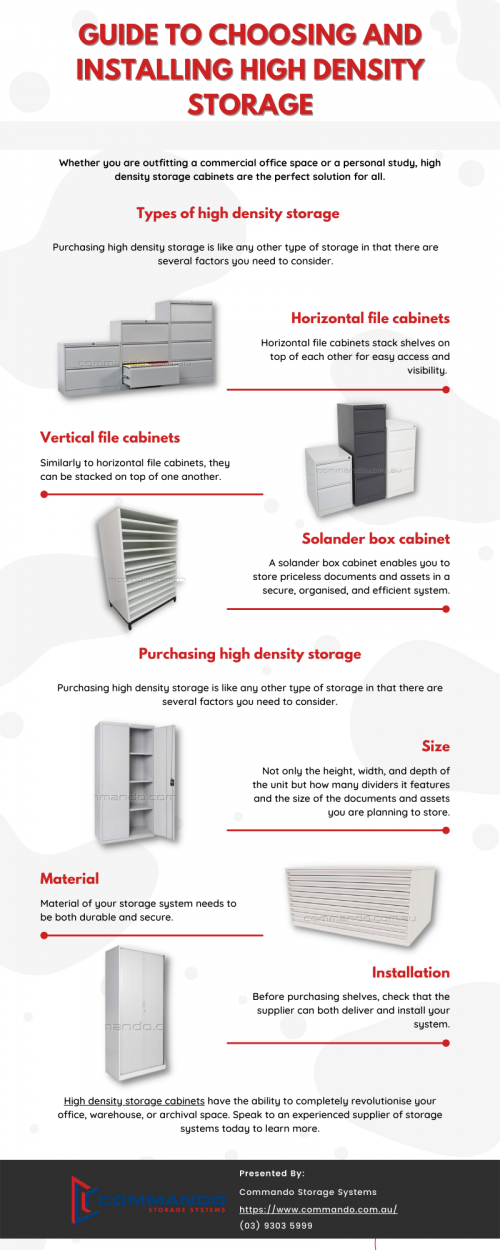 High density storage cabinets can be made from the best quality materials in the world, but unless you know how to set them up properly to maximise space, you won’t be getting the most out of the product. Before purchasing shelves, check that the supplier can both deliver and install your system. Visit: https://www.commando.com.au/product-category/cabinets/

#CommandoStorageSystems #highdensitystorage