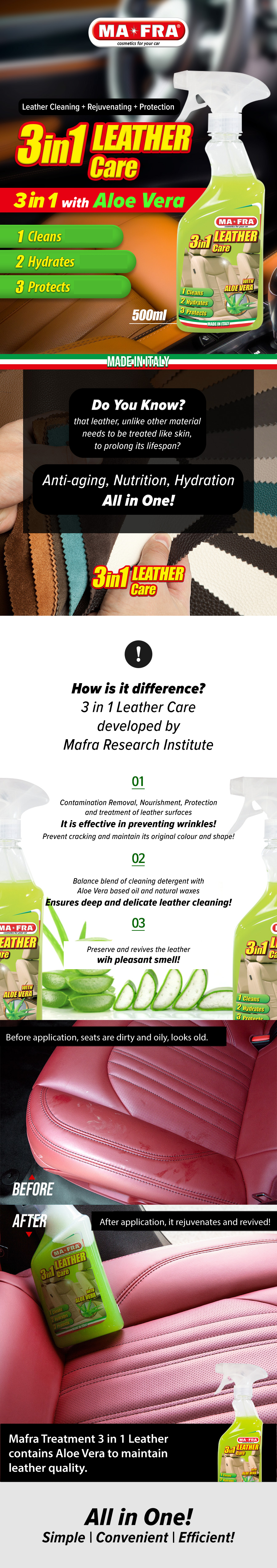 Mafra Treatment 3 in 1 Leather with Aloe Vera 500ml (Cleans Hydrates Protects car leather seats, anti aging and anti cracking formula) - Mafra Official Store Singapore