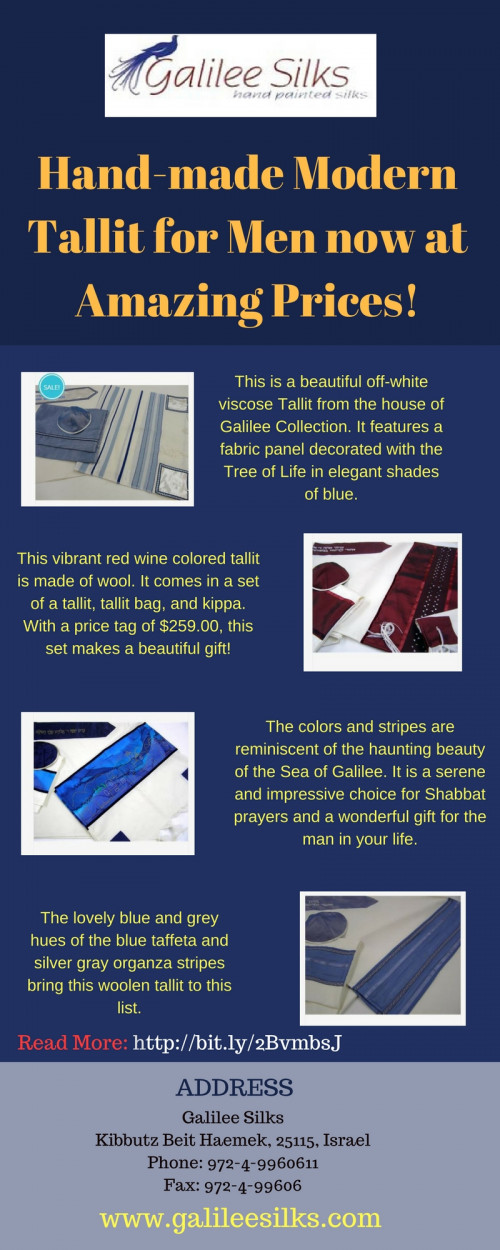 Keep that sense of spirituality flowing with the modern tallit for men from Galilee Silks. Click here and find links. Find details about its design and prices. For more details, visit our website: https://www.evernote.com/shard/s488/sh/bd726e38-0304-4c81-bb0f-c8ee076ca1b0/e63968bf10a7c14acceff7be50f282b4