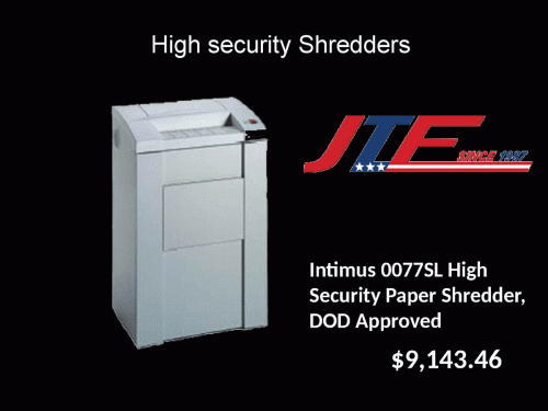 JTF Business Systems provide High Security Shredders for shredding all your sensitive and top-secret documents. These shredders are ideal for government, military and any business that needs to securely shred documents. Order online now!!
For more details visit: https://www.jtfbus.com/category/355/Shredders/HighSecurity-Shredders
