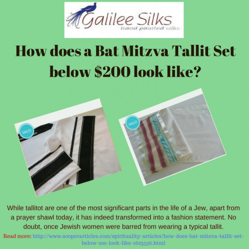 Galilee Silks – a Judaica Store, introduces some of the budget tallitot preferred in the local market. Grab them as they are now available online. For more detail, visit: http://www.sooperarticles.com/spirituality-articles/how-does-bat-mitzva-tallit-set-below-200-look-like-1623536.html