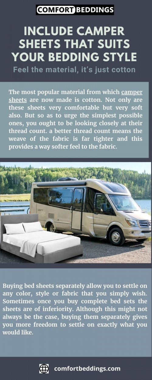 View this infographic & know the perfect quality camper sheets available on comfortbeddings online store. These sheets are 1000 TC, durable & easy to wash. We are providing 100% Egyptian cotton sheets, & the perfect sizes. To know more visit - https://comfortbeddings.com/products/white-camper-bunk-sheets