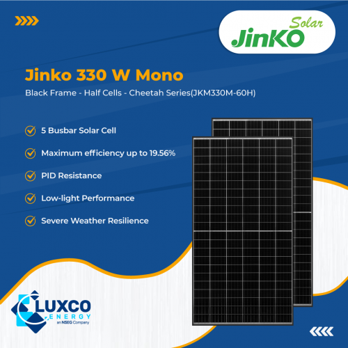 Jinko 330 W Mono Black Frame - Half Cells - Cheetah Series(JKM330M-60H)

1. 5 Busbar solar cell
2. Maximum efficiency up to 19.56%
3. PID Resistance
4. Low-light performance
5. Severe weather resilience

Visit our site: https://www.luxcoenergy.com.au/wholesale-solar-panels/jinko/