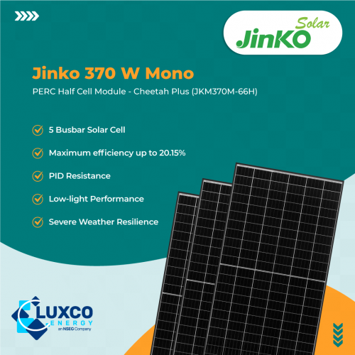 Jinko 370 W Mono PERC Half Cell Module - Cheetah Plus(JKM370M-66H)

1. 5 Busbar Solar Cell
2. Maximum Efficiency up to 20.15%
3. PID Resistance
4. Low-light Performance
5. Severe Weather Resilience

Visit our site: https://www.luxcoenergy.com.au/wholesale-solar-panels/jinko/