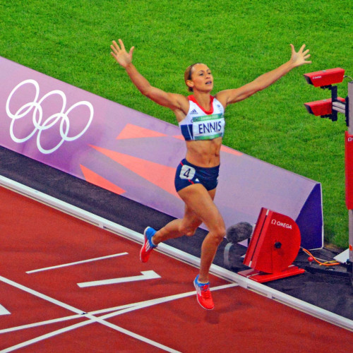 Great Britain national sports hero, Jessica Ennis, wins the women's heptathon gold medal by winning 