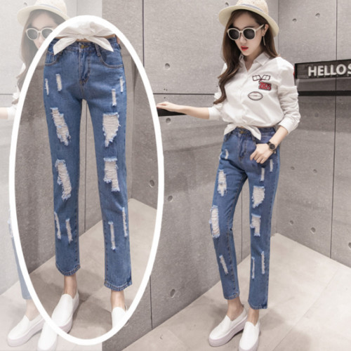 Latest Design Tight Ripped Denim Holes High Waist Jeans Pants WC-99BL