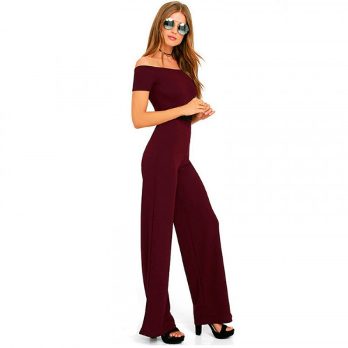 Latest Trending Off The Shoulder Red Wide Pants Jumpsuit Women Dress WC-142RD