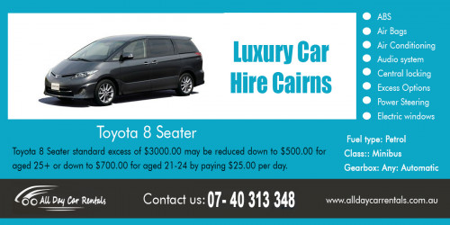 Our Website : http://alldaycarrentals.com.au/
Using Best Car Hire Cairns can save you a lot of money because you do not have to worry about maintaining your car and protecting it from wear and tear. It can also boost your confidence to a level where you can do almost anything - seal an important business deal, win over new customers, or simply be an inspiration to other people. The peace of mind you can get out of using rented cars is also priceless. Even if you have already invested in your own car, you can still get a lot of benefits from renting and you can reserve your car for a special date or family vacation.
More Links : http://rentcarcairns.angelfire.com/rent-a-car-near-me-cheap.html
https://saraincairns.wixsite.com/-car-hire-cairns/rent-a-car-near-me-cheap
http://carhirecairns.wikidot.com/
