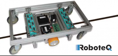 Demonstratation of a small AGV that follows a track made of a magnetic tape glued on the floor. The robot uses only two Roboteq components: An MGS1600, magnetic guide sensor, and an FBL2360, dual channel motor controller. Powered by Lithium Batteries with Roboteq's BMS1060 Battery Management System. Design details, wiring diagrams and source code can be found on the Roboteq web site at www.roboteq.com/agv