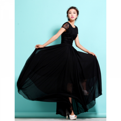 New Elegant Lace Designed Chiffon Big Pendants Short Sleeved Long Section Dress WC-71BK