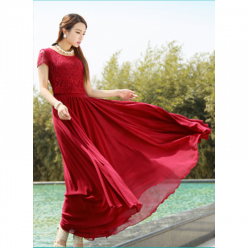 New Elegant Lace Designed Chiffon Big Pendants Short Sleeved Long Section Dress WC-71RD
