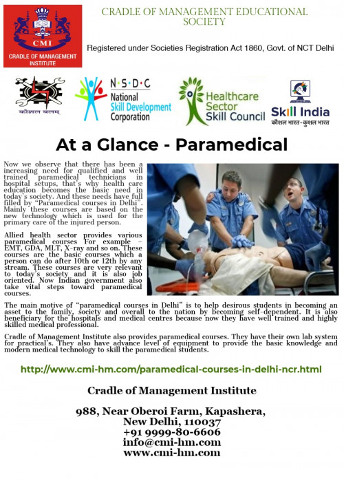 http://www.cmi-hm.com/paramedical-courses-in-delhi-ncr.html | Cradle of Management Institute offers paramedical courses in Delhi and provides practical training in its magnificent practical labs.