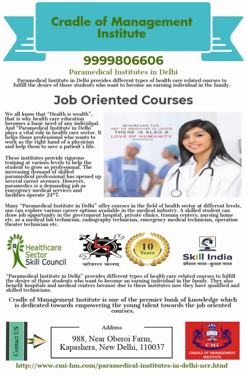 http://www.cmi-hm.com/paramedical-institutes-in-delhi-ncr.html | Paramedical Institute in Delhi provides different types of health care related courses to fulfill the desire of those students who want to become an earning individual in the family.