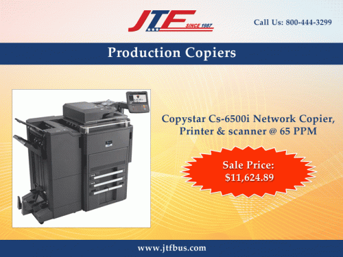Get best-featured Production Copiers from JTF at a best commercial price. This is otherwise called as multifunction copiers that come in 2 series; monochrome and color copiers. These products have specific characteristics like low noise and especially fewer moving parts that tend to less mechanical problems. 
Get free shipping on those products that weigh less than 100 lbs.
Say hello: - 800-444-3299
Purchase online: -
https://www.jtfbus.com/category/739/Copiers/Production-Copier