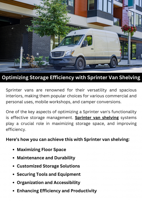 Sprinter van shelving systems are designed to optimize storage capacity by utilizing vertical space efficiently. These customizable solutions help organize tools and equipment, keeping them secure and accessible during transportation. By maximizing storage space, Sprinter van shelving enhances productivity and workflow efficiency for various industries, from contractors to delivery services. To know more visit here https://commercialvansolutions.com/ranger-design-custom-van-shelving/