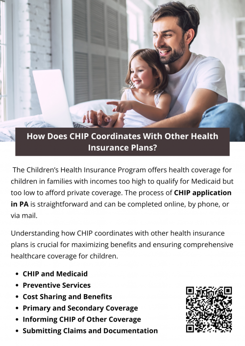 The Children's Health Insurance Program (CHIP) coordinates with other health insurance plans to provide comprehensive coverage. If a family has private insurance, CHIP may serve as secondary coverage, helping to pay for out-of-pocket expenses like copayments and deductibles. This ensures children receive necessary medical care without excessive costs to the family. The process of CHIP application in PA is straightforward and can be completed online, by phone, or via mail. To know more visit here https://www.capbluecross.com/wps/portal/cap/home/shop/chip