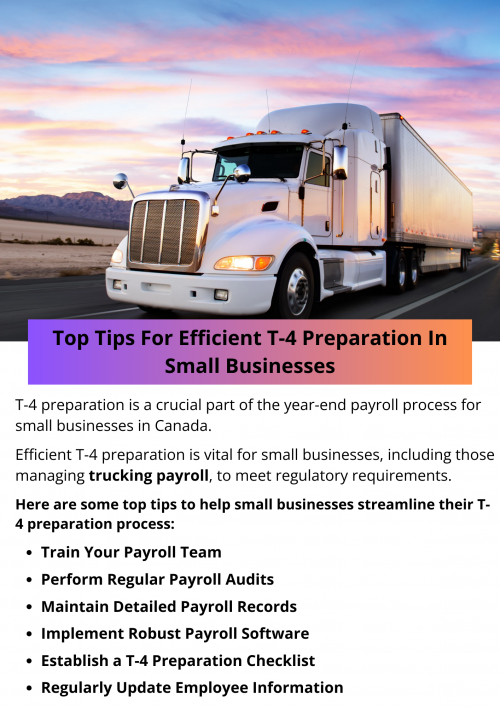 Efficient T-4 preparation is vital for small businesses, including those managing trucking payroll, to meet regulatory requirements and ensure smooth tax filings. By implementing robust payroll software, maintaining accurate records, training your payroll team, and using automated tools, you can streamline the T-4 preparation process. Regular audits, clear communication, and, if necessary, outsourcing can further enhance efficiency and accuracy. To know more visit here https://www.truckersprocpa.ca/trucking-payroll-services