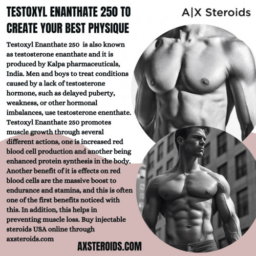 Testoxyl Enanthate 250	 is also known as testosterone enanthate and it is produced by Kalpa pharmaceuticals, India. Men and boys to treat conditions caused by a lack of testosterone hormone, such as delayed puberty, weakness, or other hormonal imbalances, use testosterone enenthate. Testoxyl Enanthate 250 promotes muscle growth through several different actions, one is increased red blood cell production and another being enhanced protein synthesis in the body. Another benefit of it is effects on red blood cells are the massive boost to endurance and stamina, and this is often one of the first benefits noticed with this. In addition, this helps in preventing muscle loss. Buy injectable steroids USA online through axsteroids.com