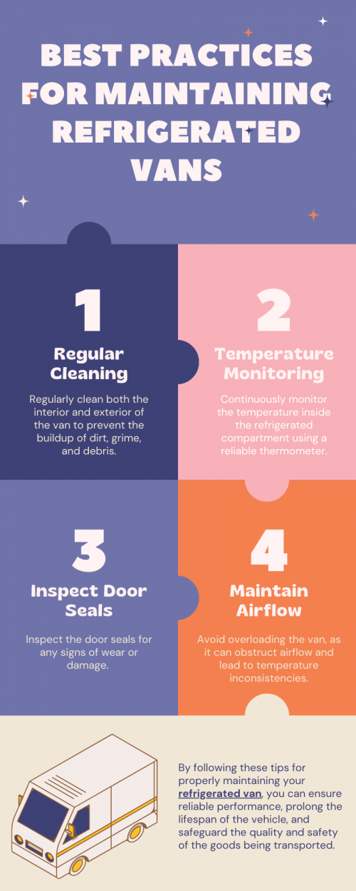 To maintain refrigerated vans effectively, regularly clean both interior and exterior, monitor temperature consistently, inspect door seals for damage, check refrigeration units for issues, ensure proper airflow, schedule routine servicing, maintain batteries, and be prepared for emergencies. Following these tips helps ensure reliable performance, prolongs vehicle lifespan, and safeguards transported goods' quality and safety. To know more visit here https://commercialvansolutions.com/refrigeration/