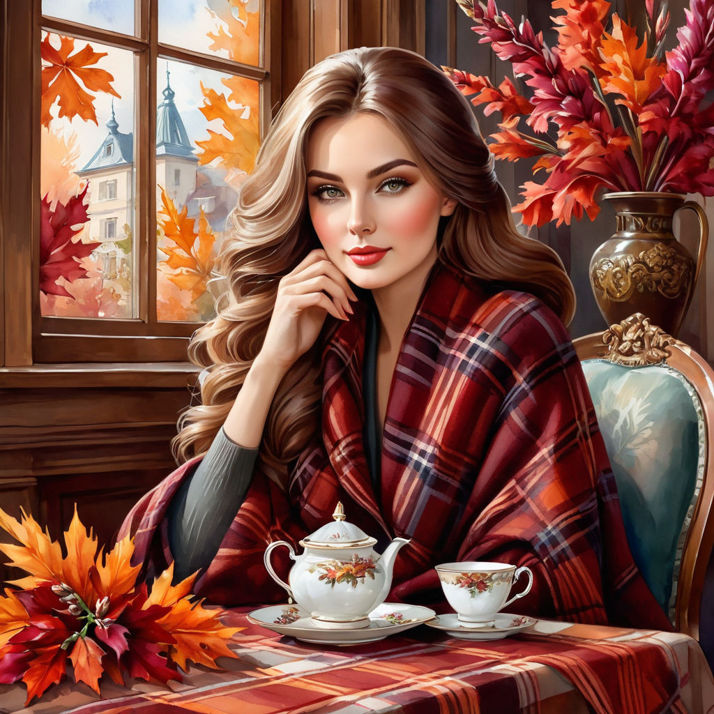 elegant young russian woman in a warm plaid hair the color of bordeaux autumn leaves vase with gl (1