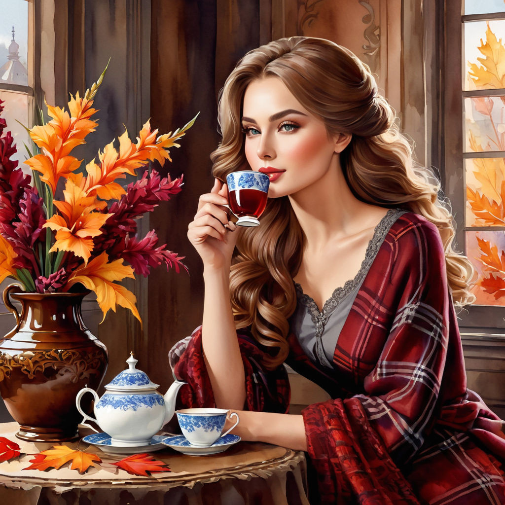 elegant young russian woman in a warm plaid hair the color of bordeaux autumn leaves vase with gl (2