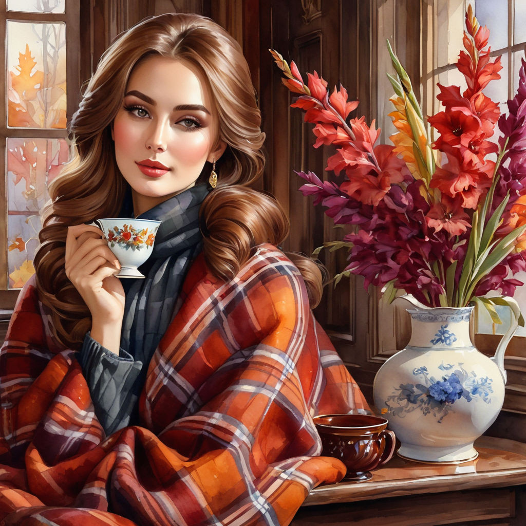 elegant young russian woman in a warm plaid hair the color of bordeaux autumn leaves vase with gl (4