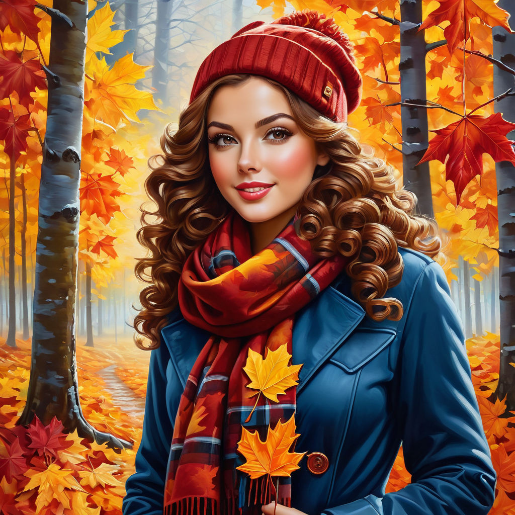 oil painting on canvas from half of the body to the legs maple leaf in hand gorgeous woman with c