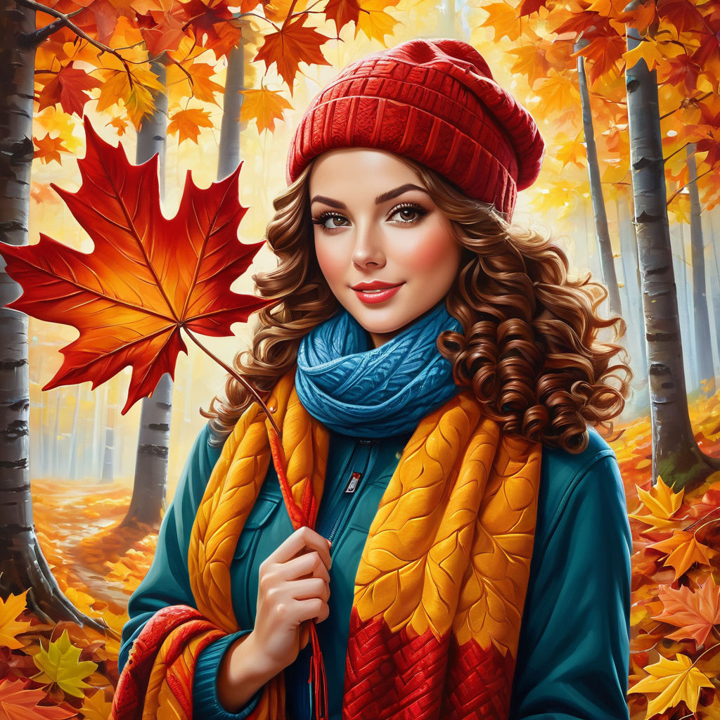 oil painting on canvas from half of the body to the legs maple leaf in hand gorgeous woman with c (3