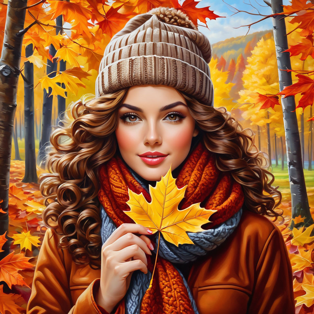 oil painting on canvas from half of the body to the legs maple leaf in hand gorgeous woman with c (2