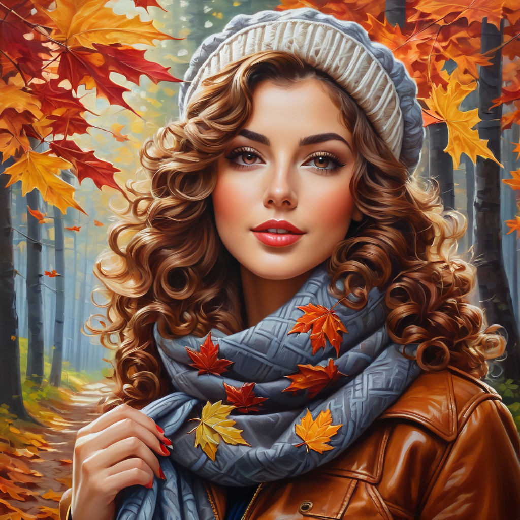 oil painting on canvas from half of the body to the legs maple leaf in hand gorgeous woman with c (8