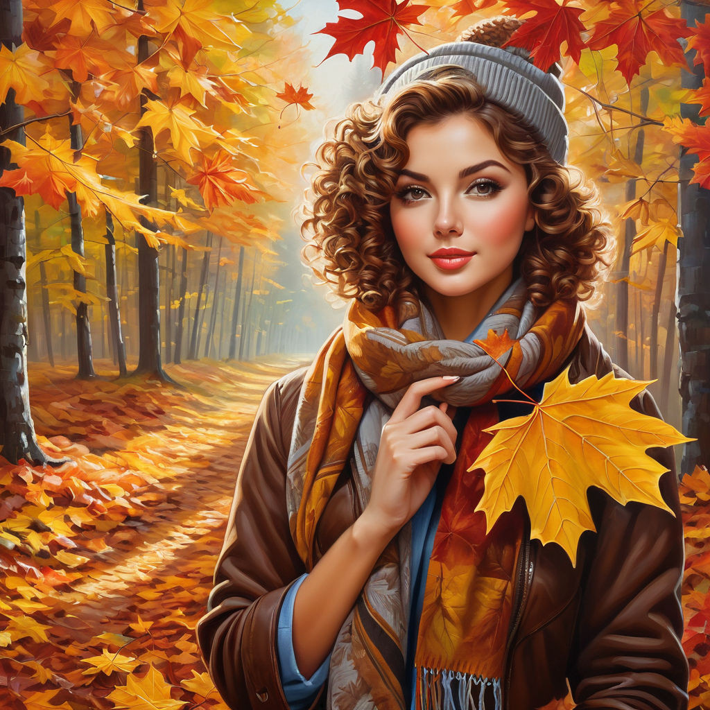oil painting on canvas from half of the body to the legs maple leaf in hand gorgeous woman with c (9