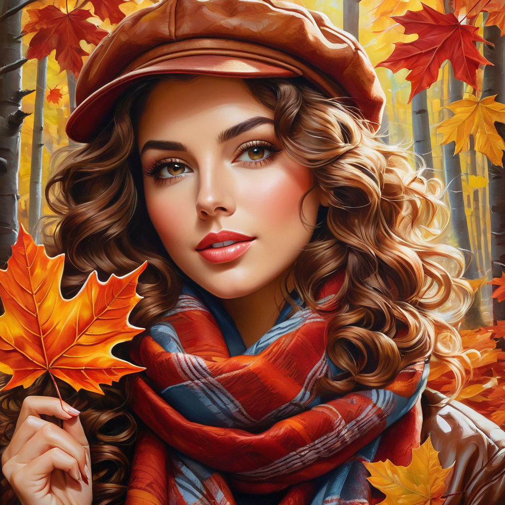 oil painting on canvas from half of the body to the legs maple leaf in hand gorgeous woman with c (4