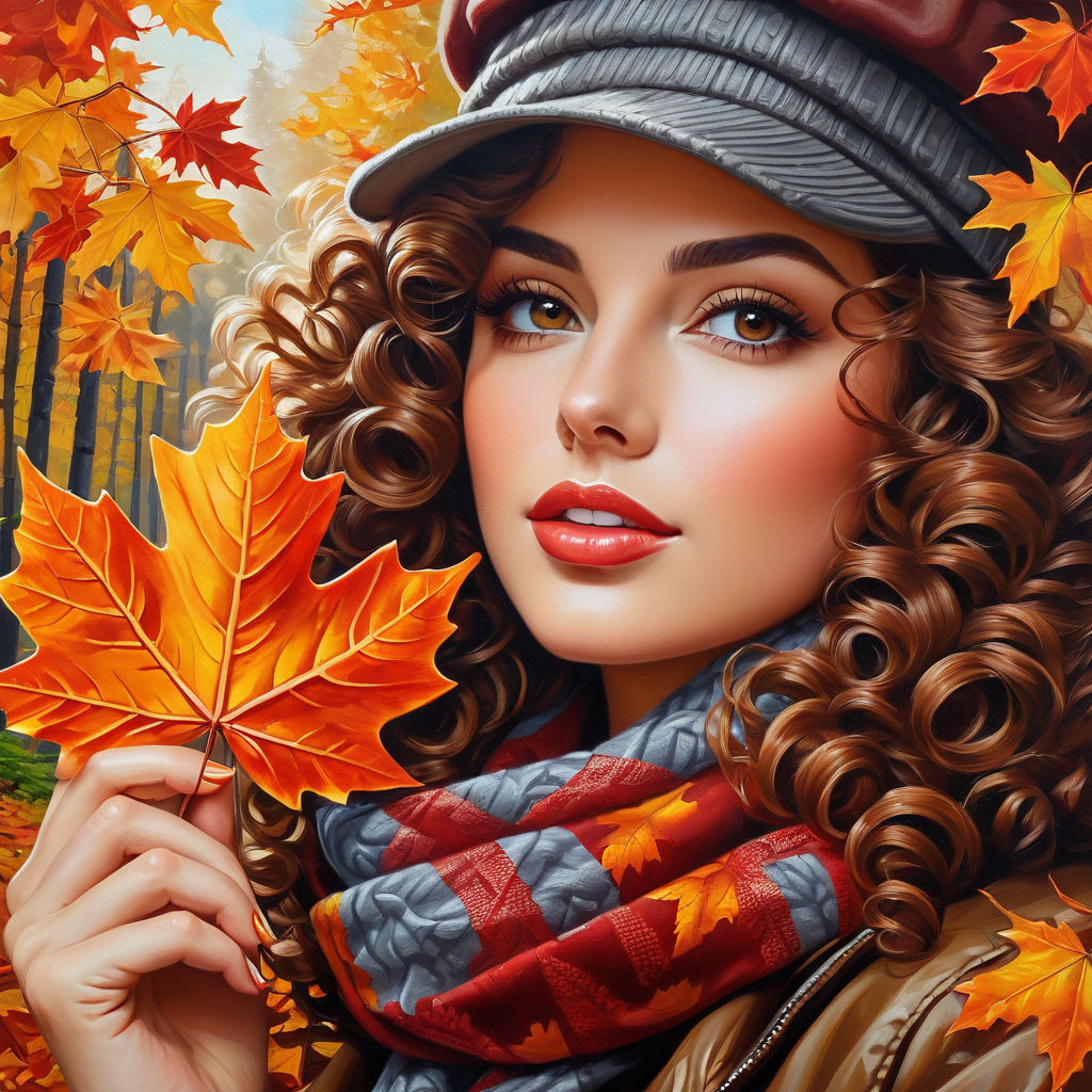 oil painting on canvas from half of the body to the legs maple leaf in hand gorgeous woman with c (1