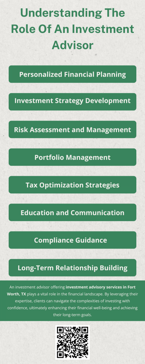 An investment advisor offering investment advisory services in Fort Worth, TX plays a vital role in the financial landscape by offering personalized financial planning, strategic investment development, portfolio management, risk assessment, tax optimization, education, compliance guidance, and long-term relationship building. By leveraging their expertise, clients can navigate the complexities of investing with confidence, ultimately enhancing their financial well-being and achieving their long-term goals. To know more visit here https://www.alignedwealthadv.com/